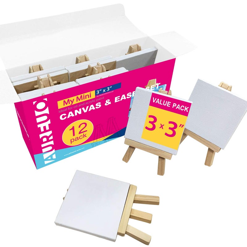 AUREUO Mini Canvas and Easel Set - 3x3 Inch/ 12 Pack - 2/5 Inch Profile Small Square Canvas with Display Stand - Art Gift Set Bulk Pack Canvases for Acrylic Painting & Craft - Image 1